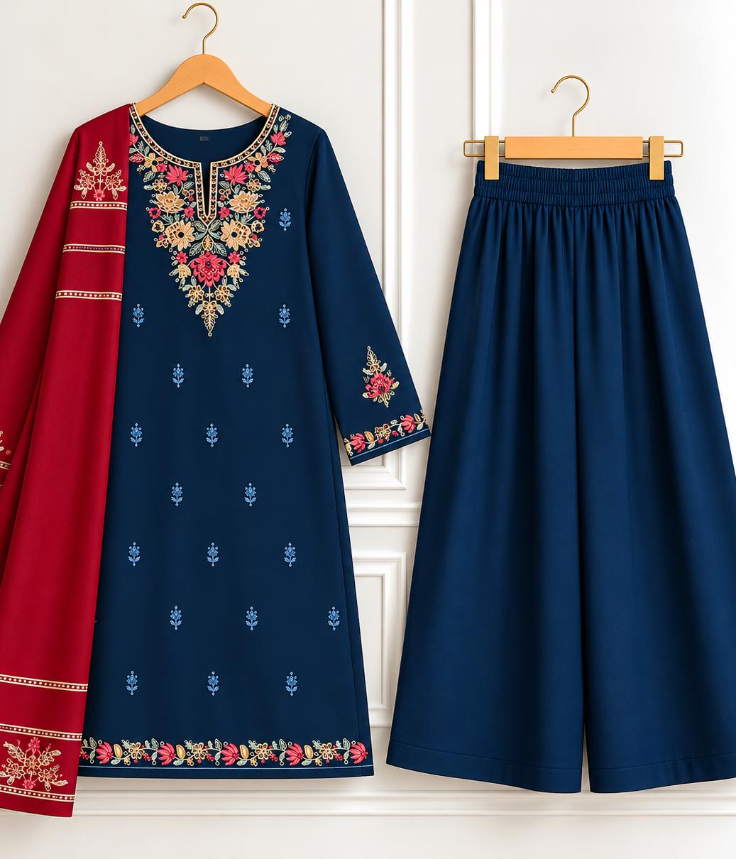 3PC Dhanak Embroidered Suit – Premium Winter Edit